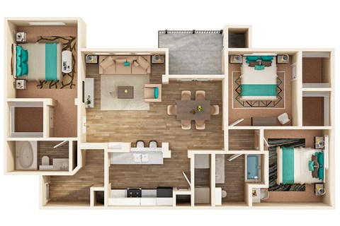 A 3D floor plan of a house with a kitchen, living room, and two bedrooms.